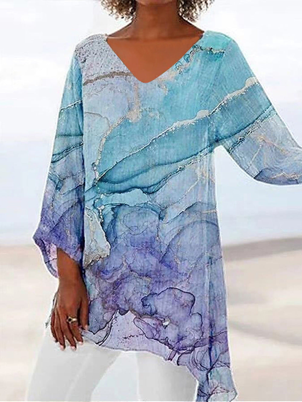 Women's Leisure Loose Irregular Printed Long Sleeve Tops