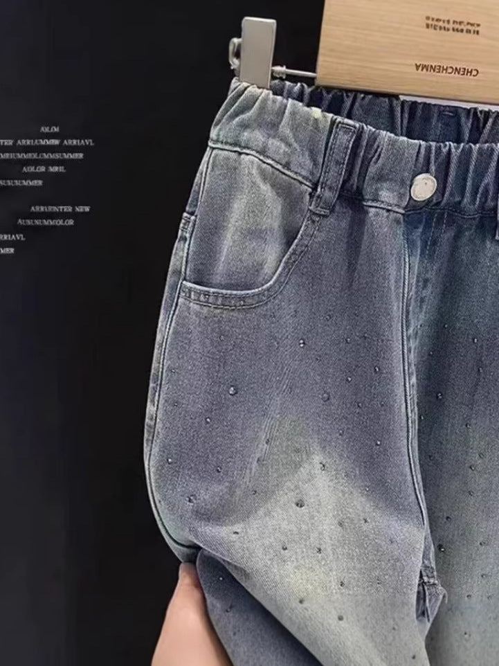Spring Loose Rhinestone Starry Sky Denim Children's Pants