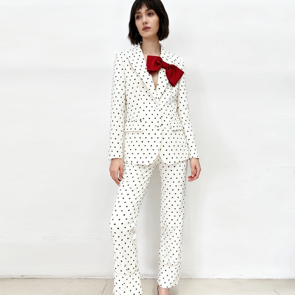 Bow Decoration Polka Dot Dots Trousers Two-piece Fashion Casual Suit