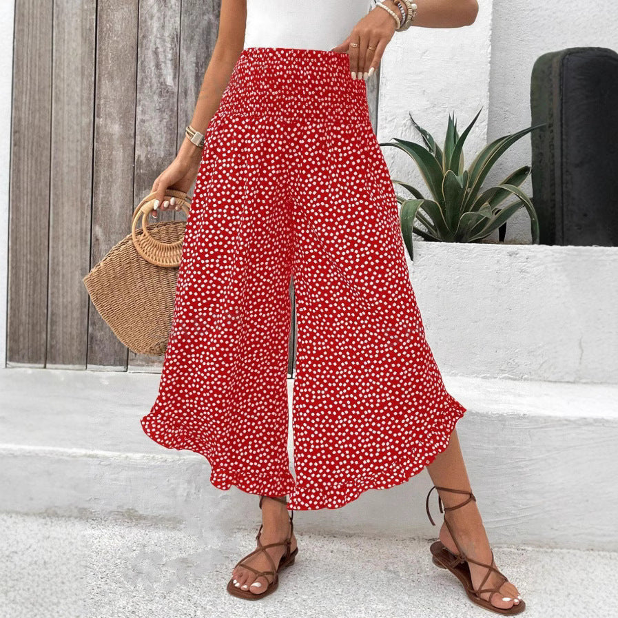 Polka-dot Loose-fitting Cinched Figure Flattering Wide Casual Pants