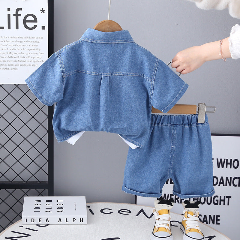 Summer White Denim Lapel Shirt Short-sleeved Three-piece Casual Children's Suit