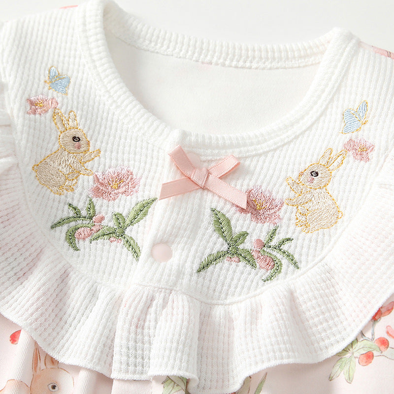 Autumn Floral Infant Rompers Embroidered Bunny Going Jumpsuit, Climbing Suit