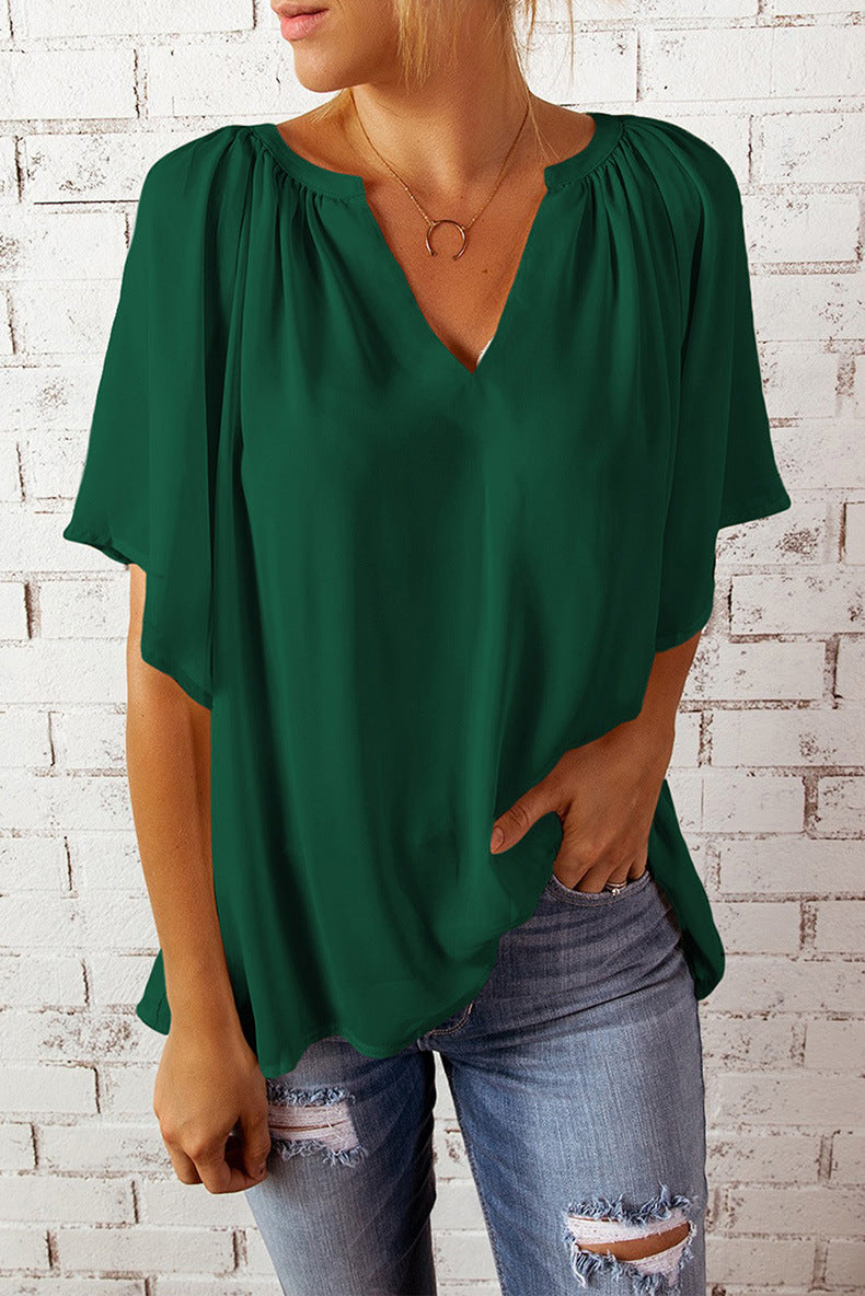 Women's Summer Loose Half Sleeve T-shirt Pullover Lace Shirt, Chiffon Shirt