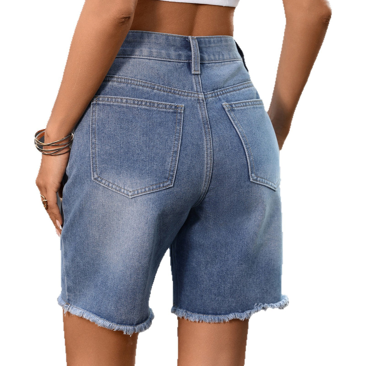 Casual Washed Denim Frayed Waist Adjustable Women's Jeans