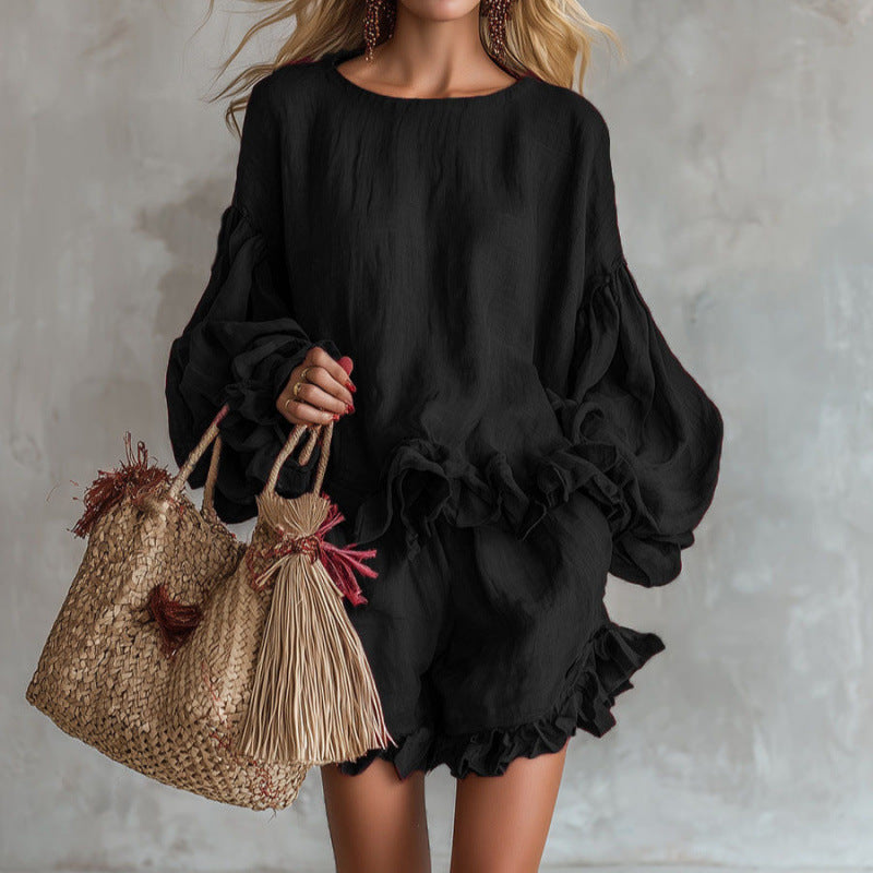 Women's Loose Bishop Sleeves Ruffled Two-piece Set Shorts