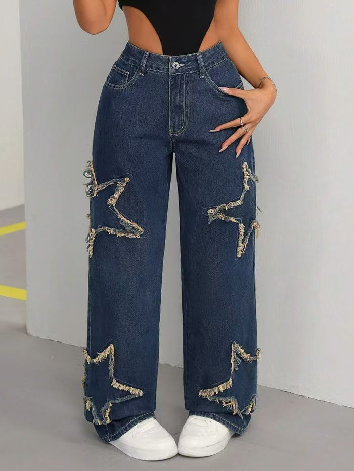 Women's Patch Pentagram Tassel Loose Burrs Straight Women's Jeans