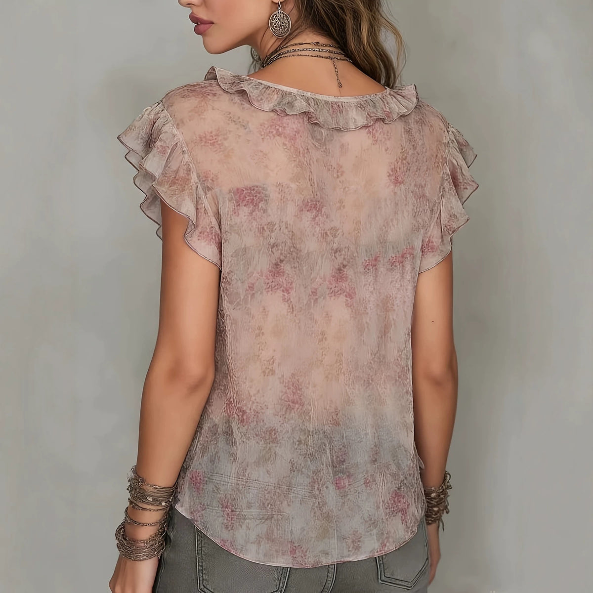Casual Printed French Collar Ruffled Sleeves Lace Shirt, Chiffon Shirt