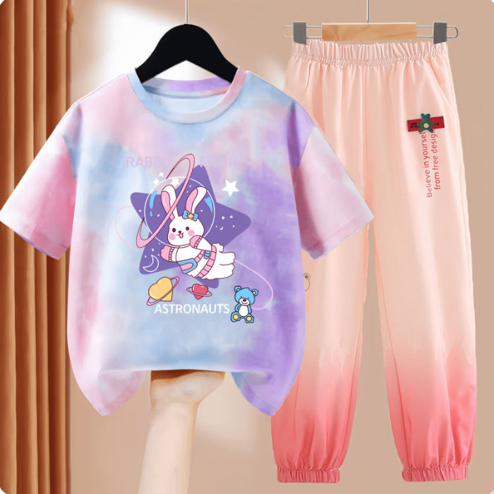 Clothes T-shirt Medium Large Short Sleeved Ice Silk Trousers Two-piece Children's Suit