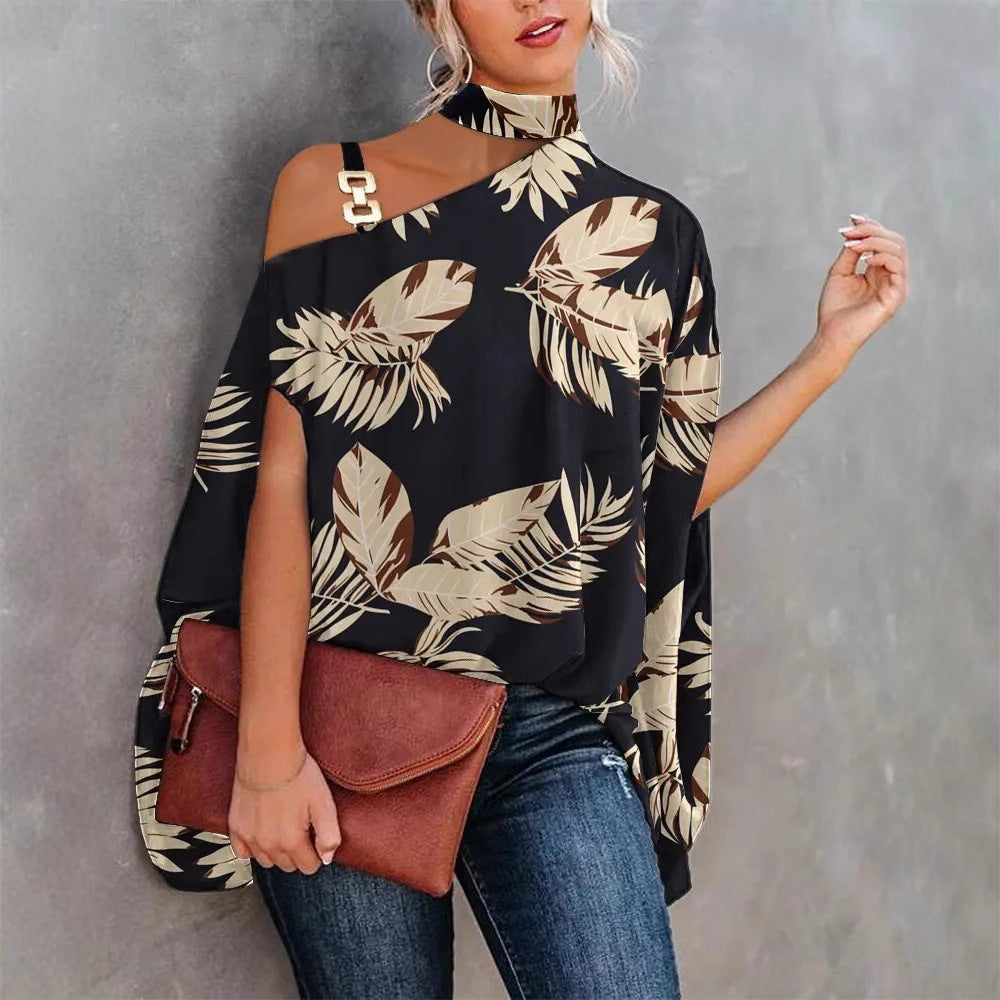 Women's Short-sleeved Summer Bat Print Halter Lace Shirt, Chiffon Shirt