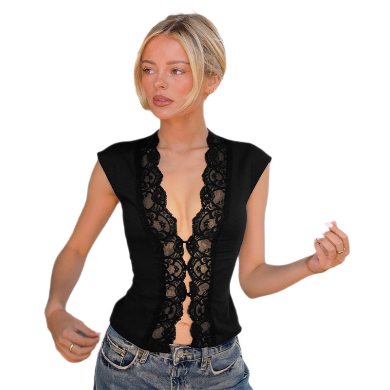Women's Sexy Lace Cutout Fastener Decoration Slim Vests