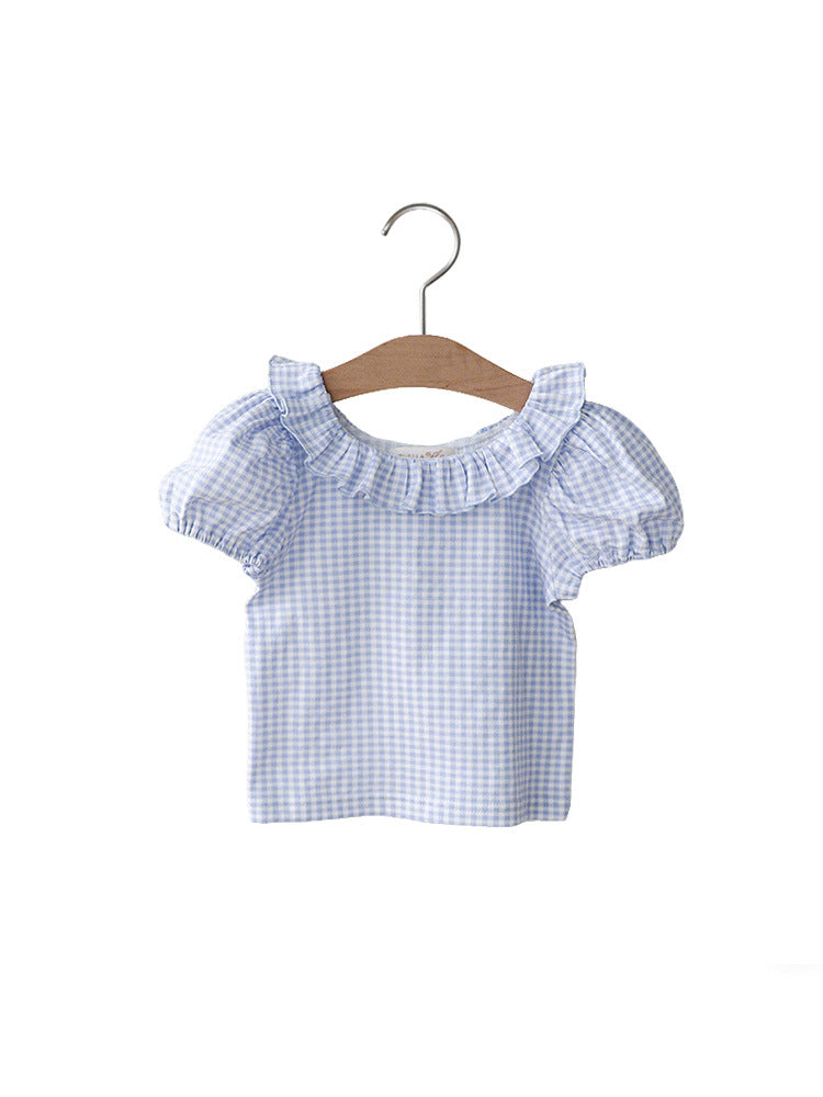 Summer Strawberry Shan Sweet Lady Plaid Round Neck Short Children's T-shirt