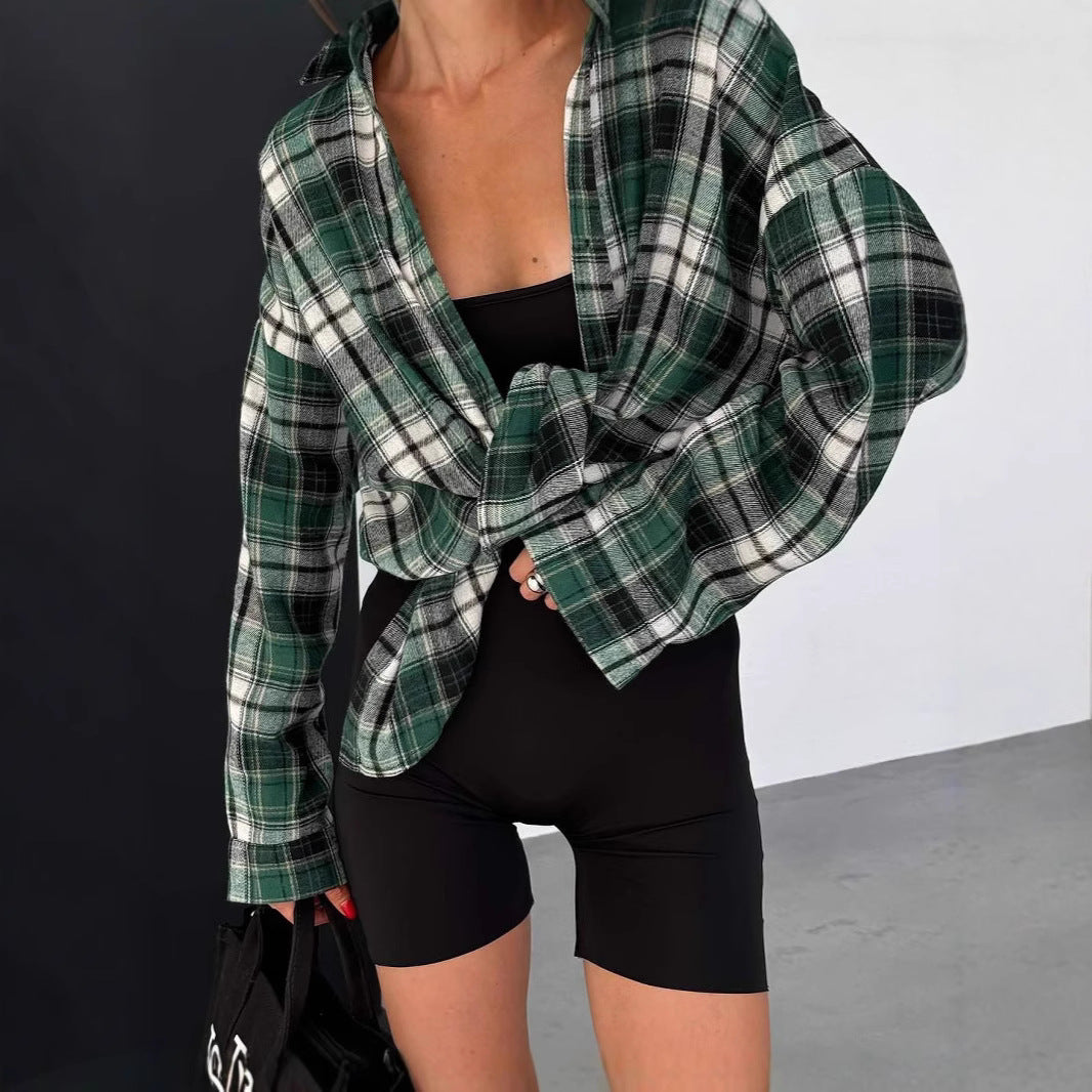 Women's Design Sense Niche American Retro Plaid Shirt Loose Long Blouse