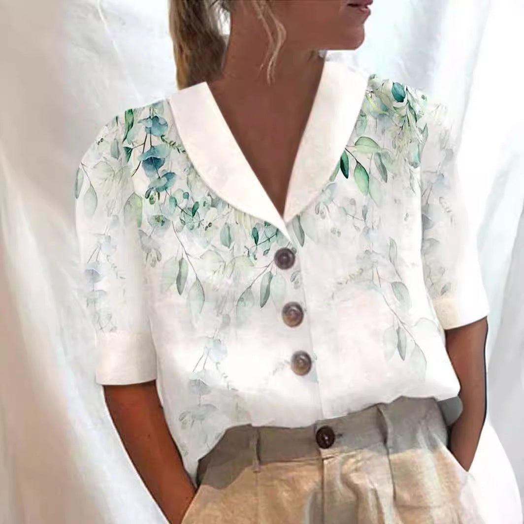 Women's Collar Button Casual Long Half Sleeve Cotton Blouse