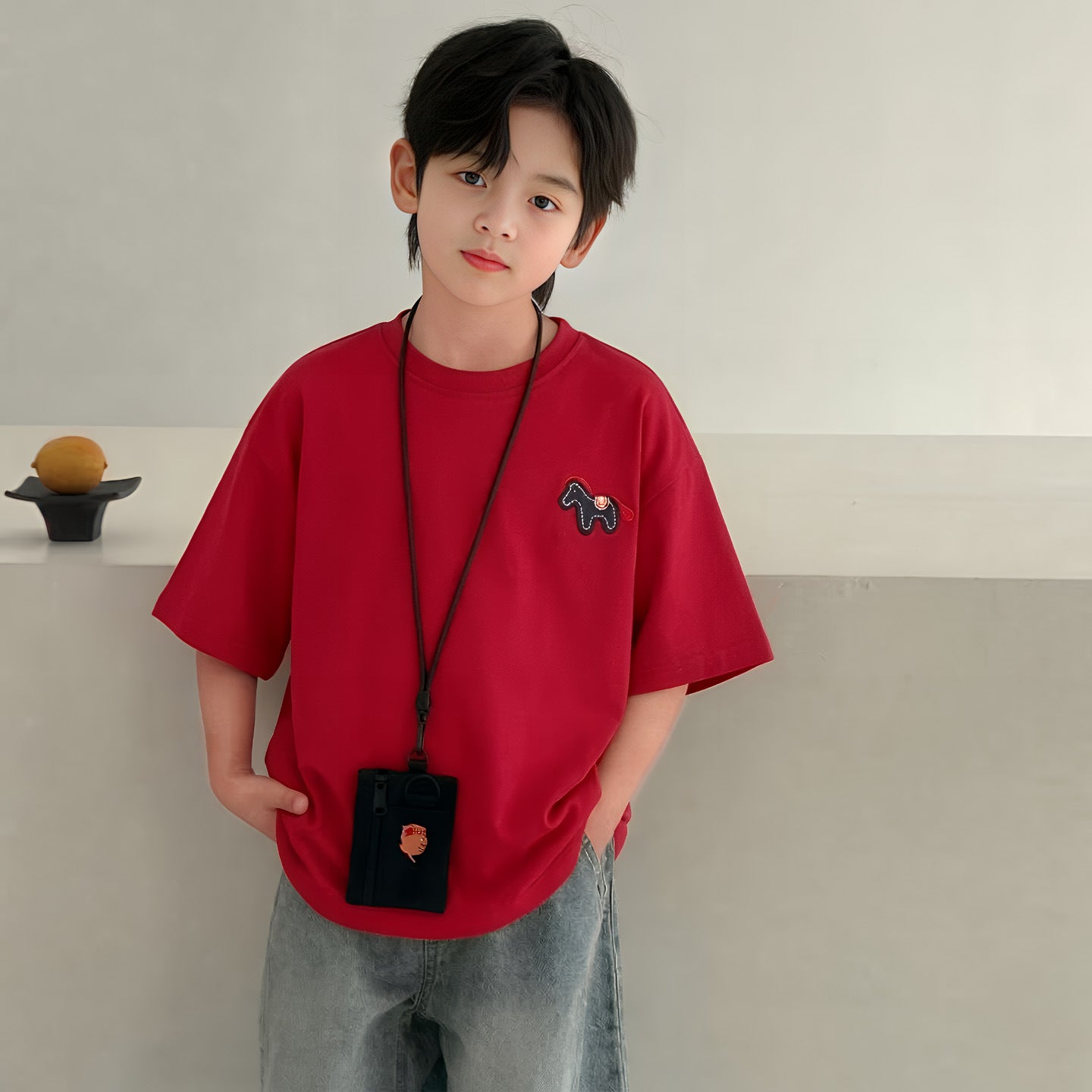 Children's Short-sleeved Korean Style Loose Cotton Fashionable Medium Big White Children's T-shirt