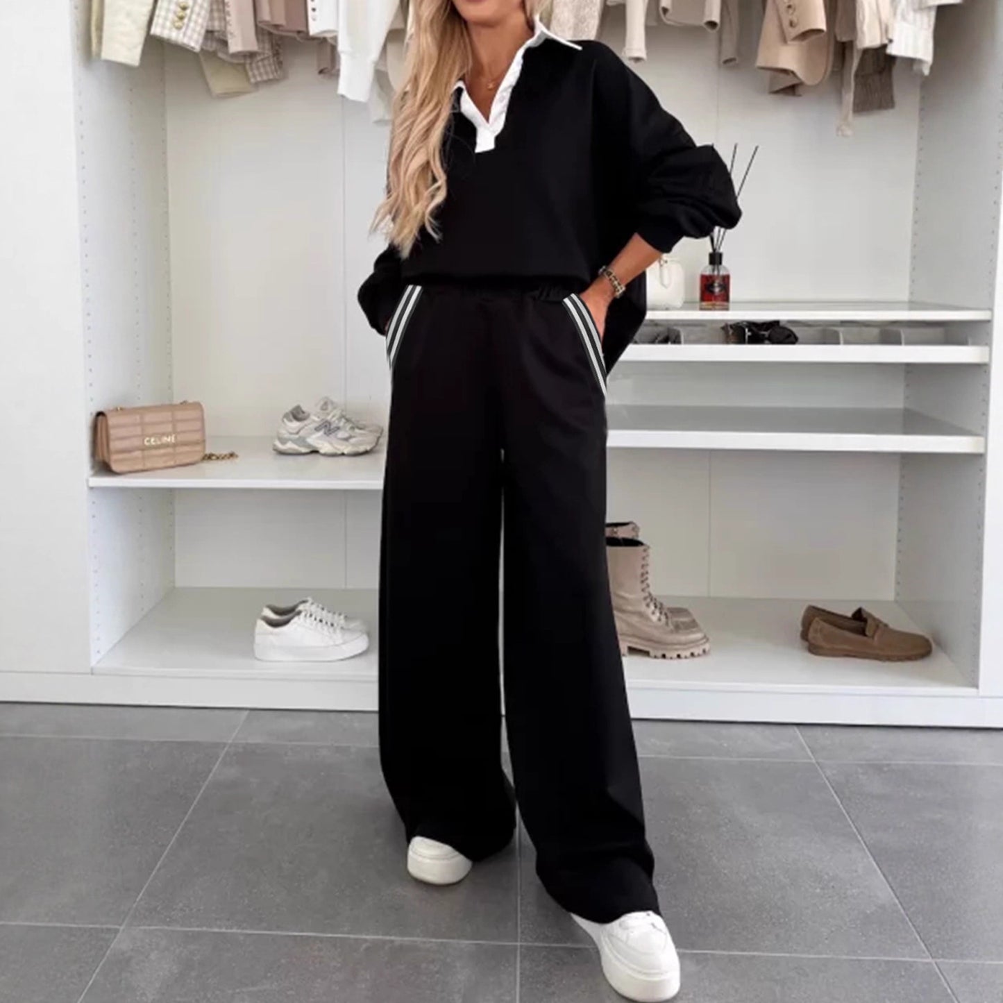 Straight Loose Fashionable Striped Composite Veet Fashion Casual Suit