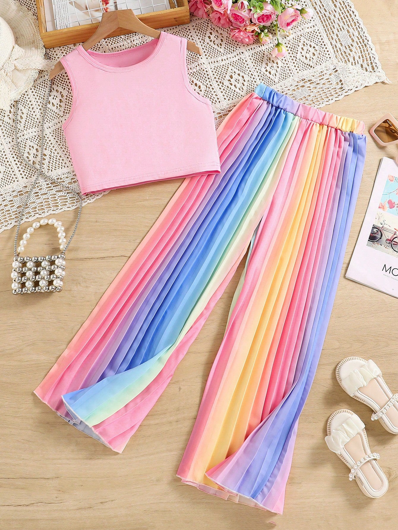 Summer Short Sleeveless Vest Color Gradient Pleated Trousers Teens Children's Suit