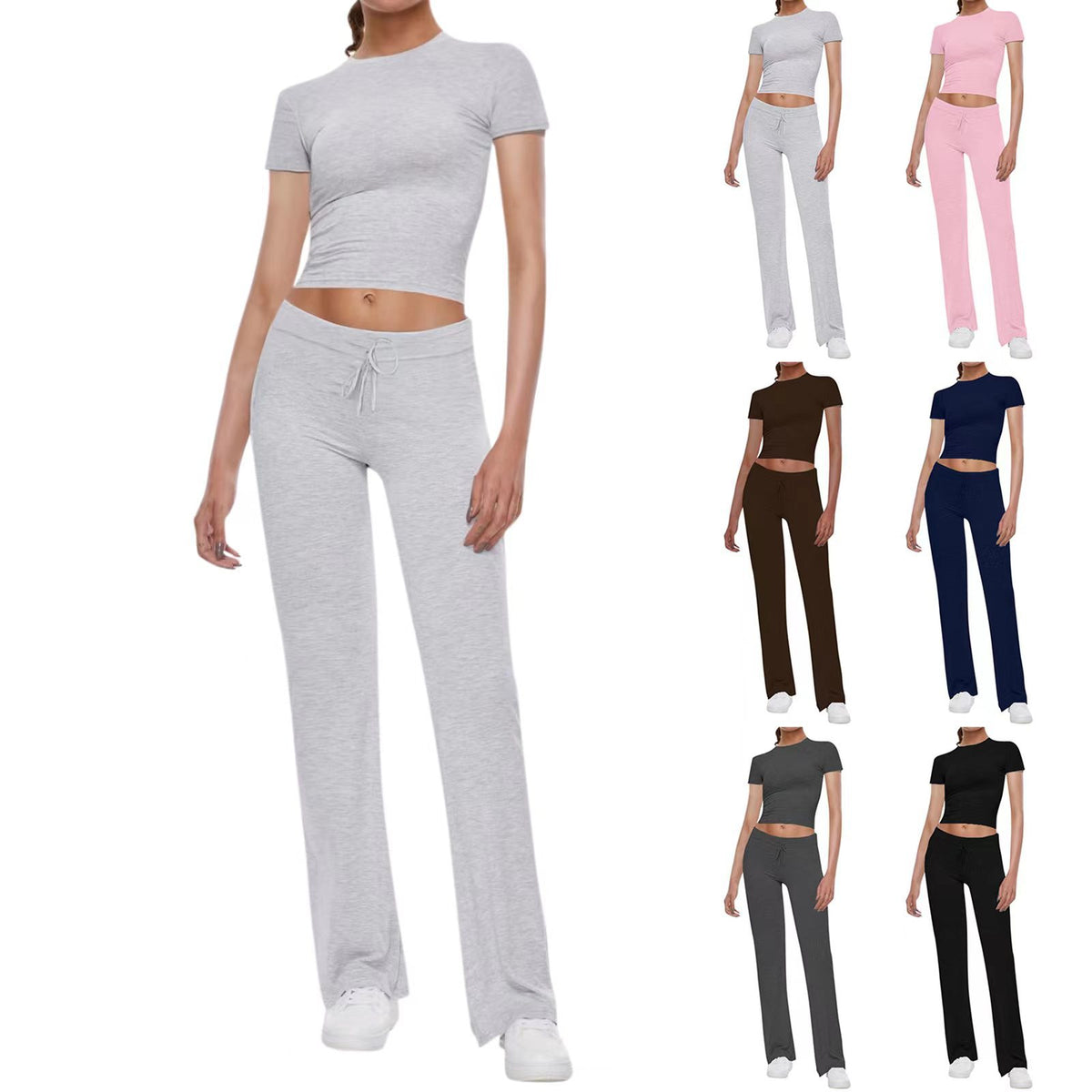 American Basic Solid Color T-shirt Flanging Waist Head Sleeve Hot Fashion Casual Suit