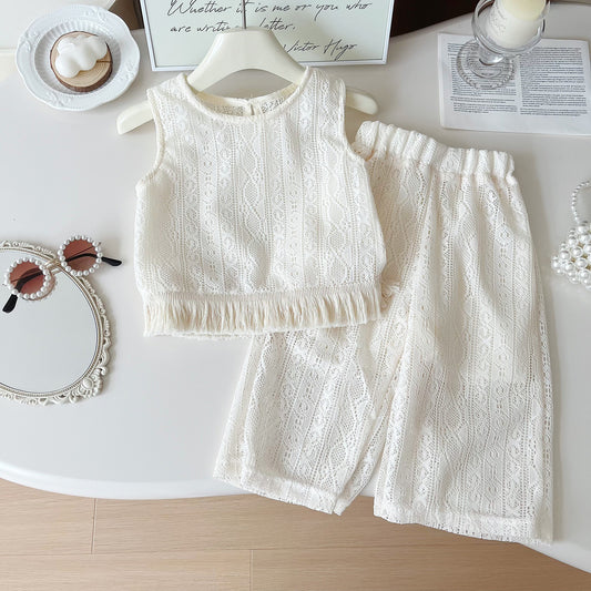 Summer Korean Style Lace Mesh Flower Vest Pants Refreshing Children's Suit