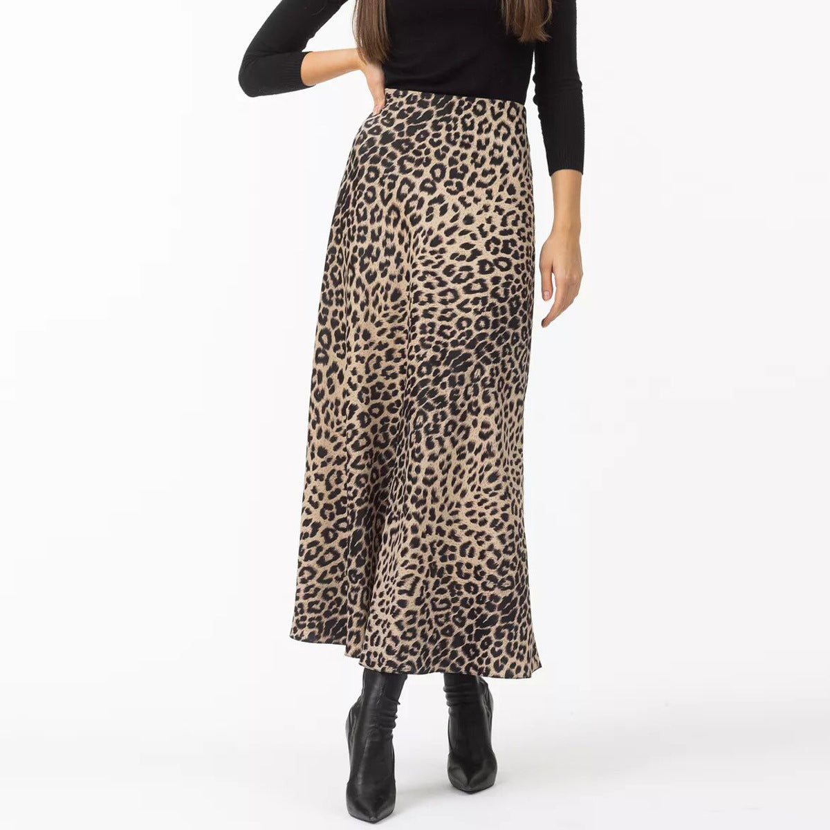 Satin Leopard Print Long Elastic Silky High Skirt
