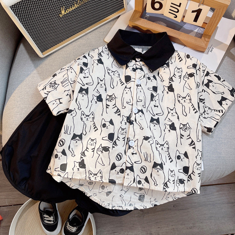 Children's Summer Clothing Shirt Outfit Handsome Clothes Short-sleeved Travel Out Children's Suit