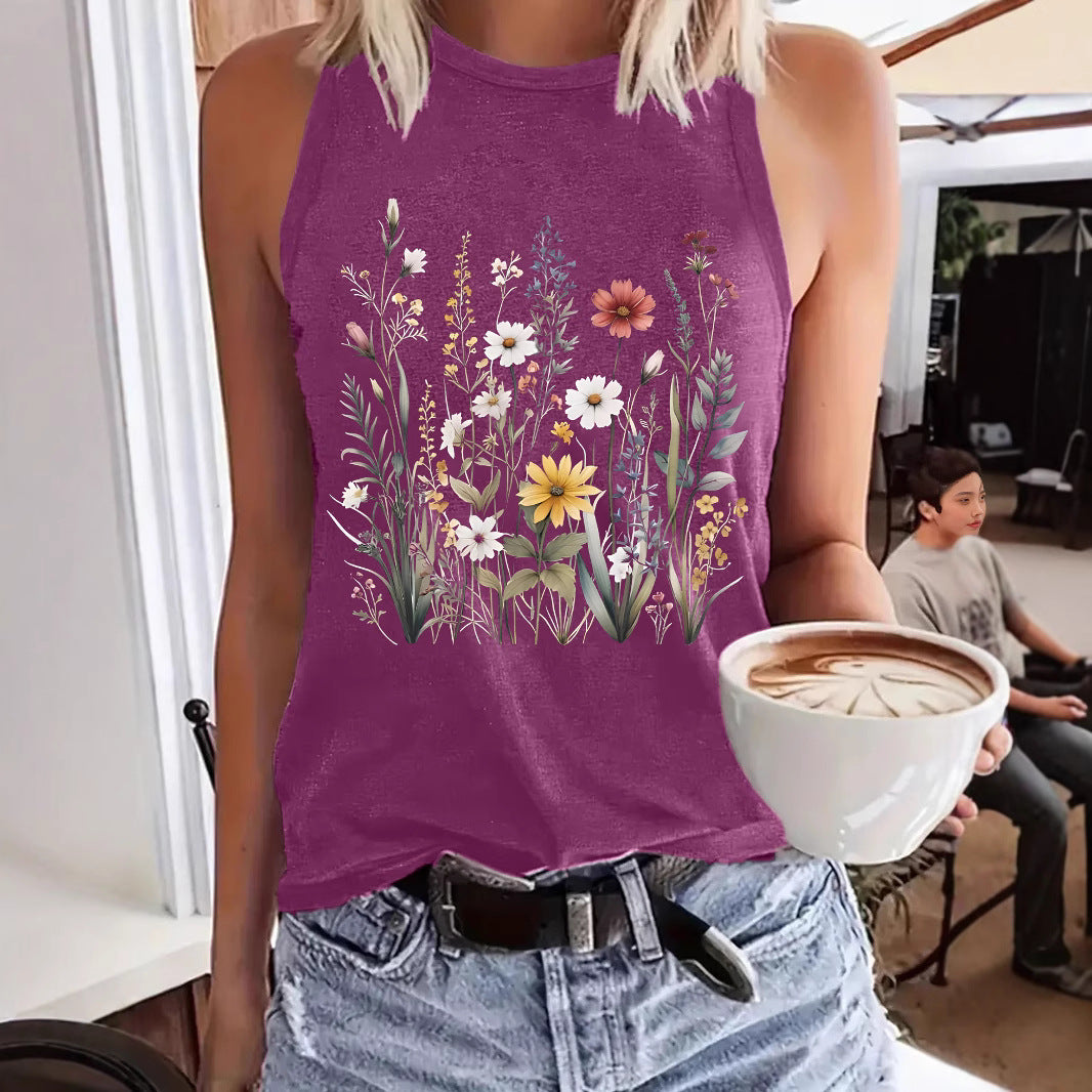 Women's Floral Print Sleeveless T-shirt Round Neck Pullover Small Vest/suspenders/tube Top