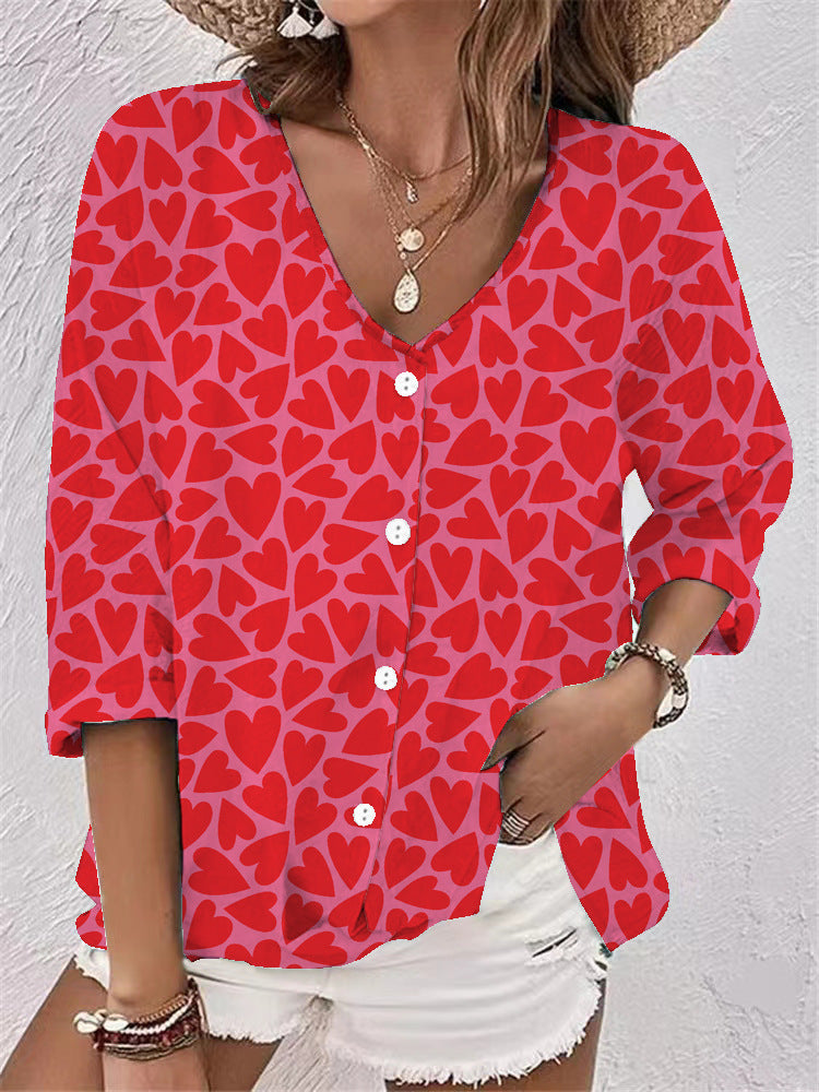 Casual Women's Buttons Printed Long Sleeve Lace Shirt, Chiffon Shirt