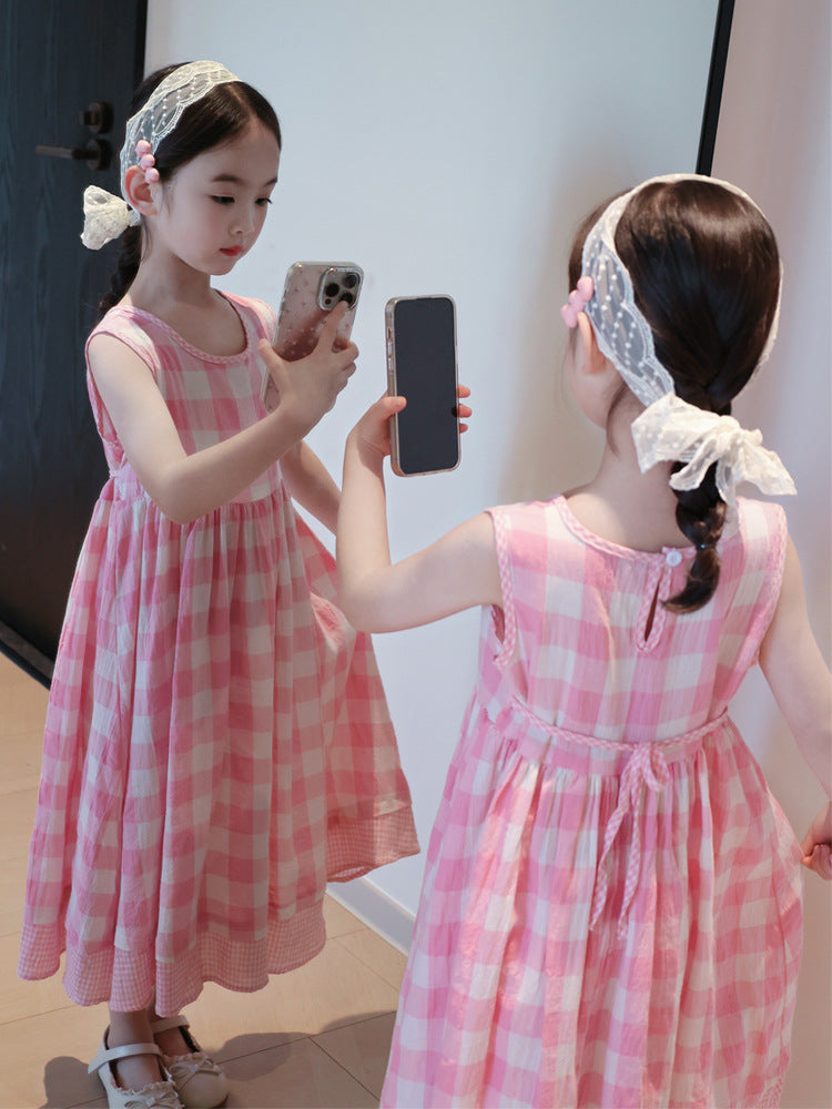 Pink Summer Seaside Skirt Sleeveless Cotton Children's Dress