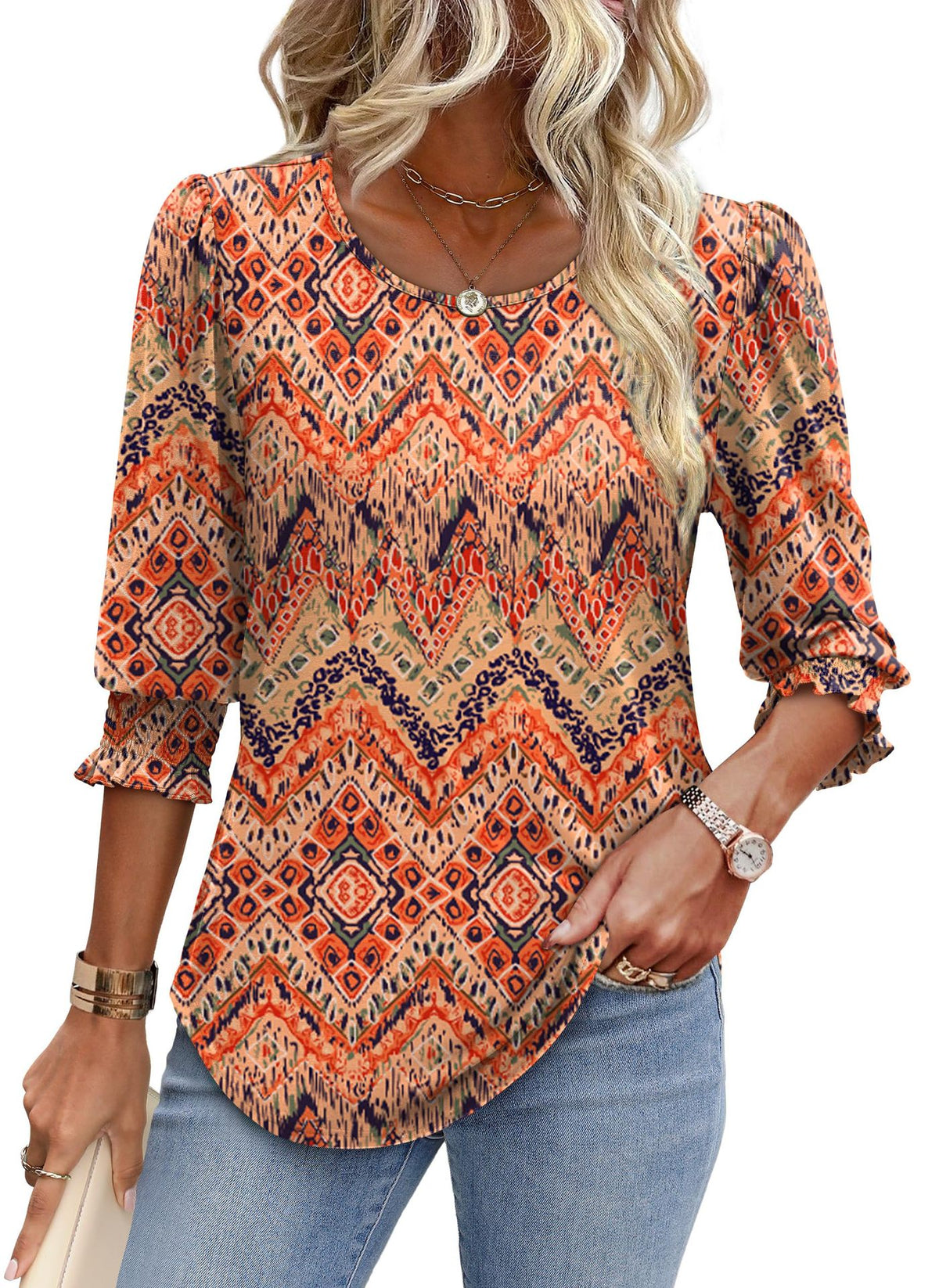 Women's Summer Smocking 7-point Sleeve Round Neck Women's T-shirt
