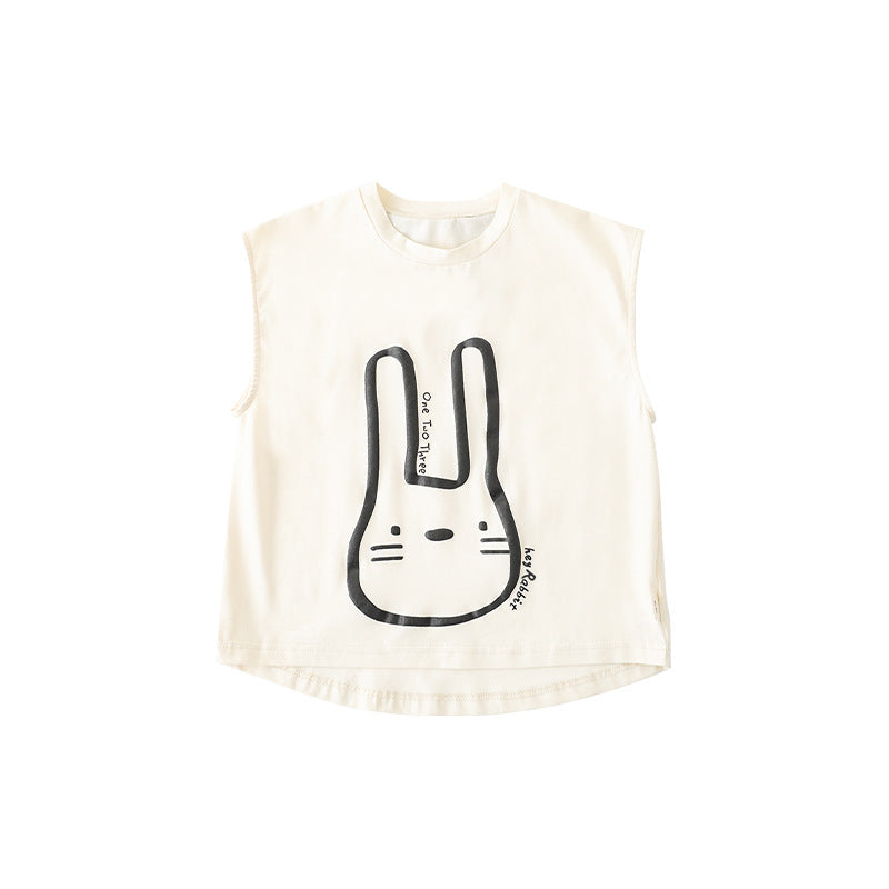 Children's Rabbit Embroidered Printed Contrast Color Round Neck Sleeveless Vest Summer Children's T-shirt