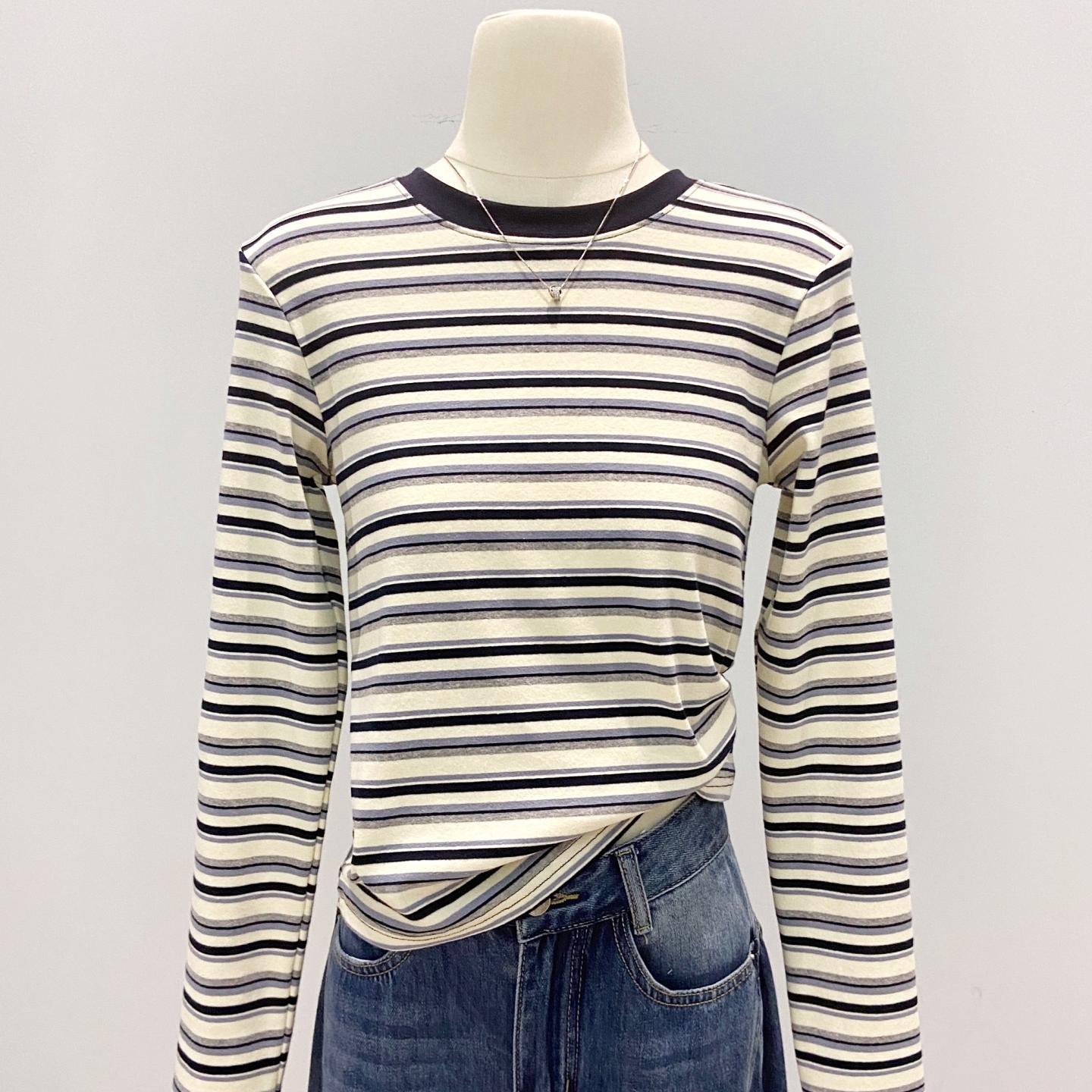 Women's Color Striped Spring Long-sleeved Bottoming Shirt Retro Warm Slim Fit Tops