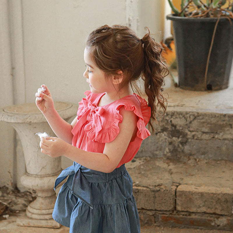 Children's Summer Strawberry Shan Clothing Bow Lapel Children's T-shirt