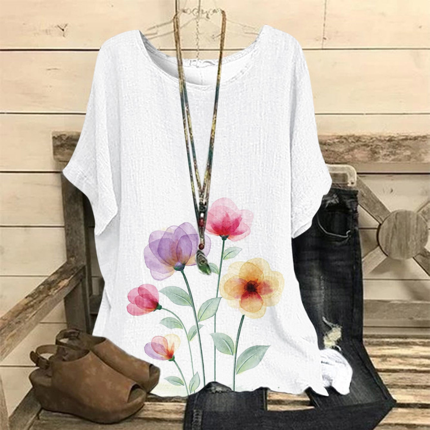 Women's Summer Loose Print Crew Neck Casual Women's T-shirt