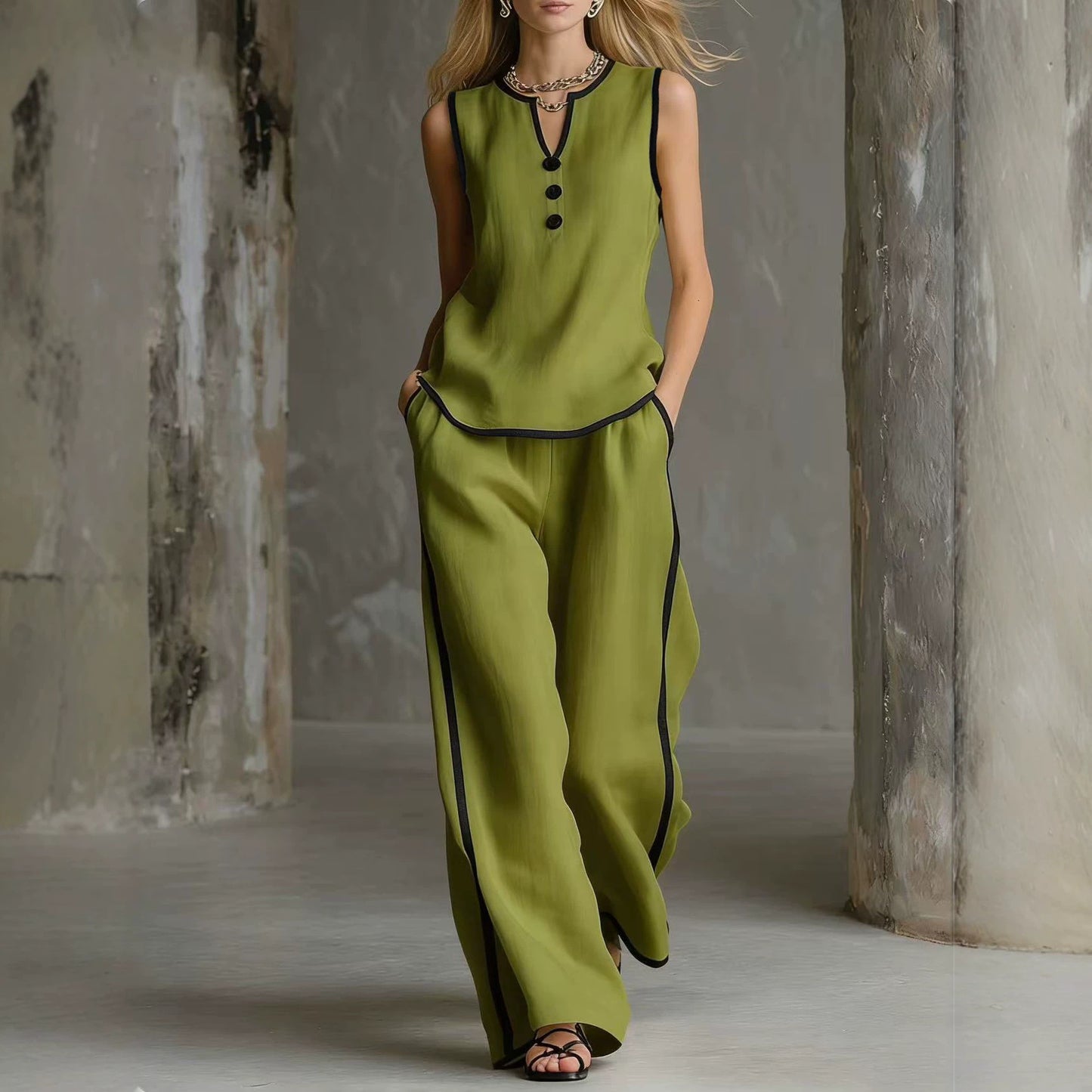 Color Trim Sleeveless Wide Leg Two-piece Pants