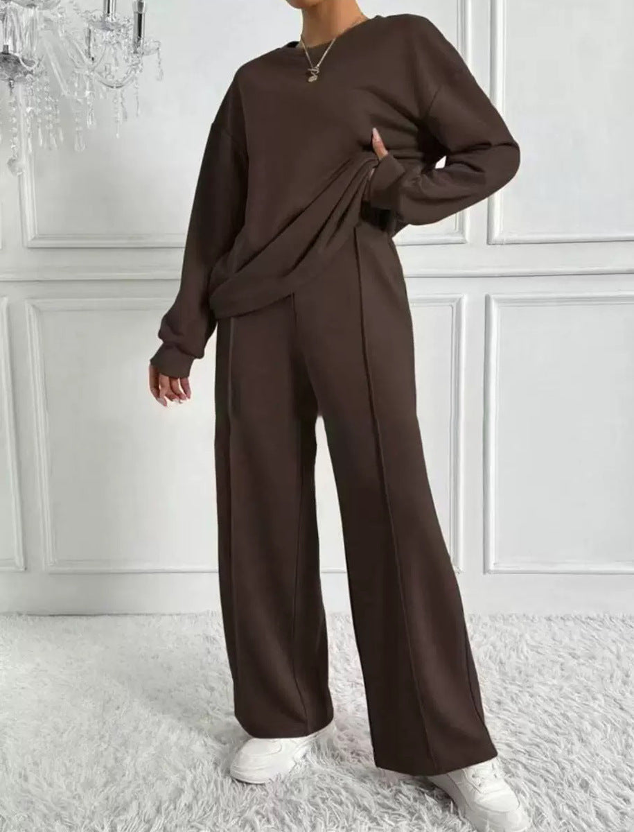 Women's Solid Color Round Neck Long-sleeved Trousers Fashion Casual Suit
