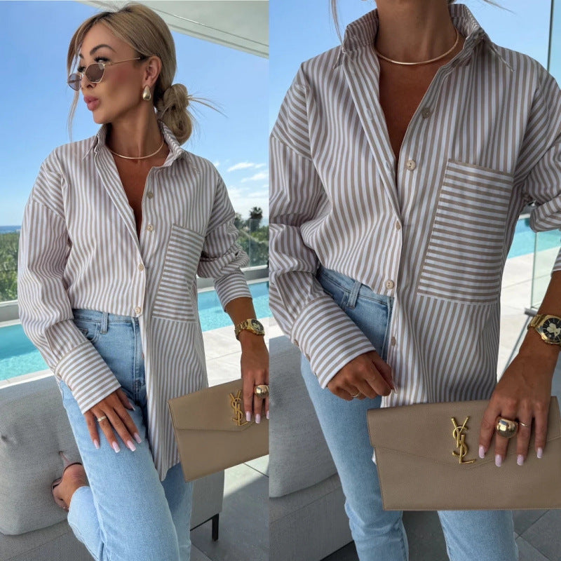Women's Pocket Striped Long Sleeve Shirt Clothing