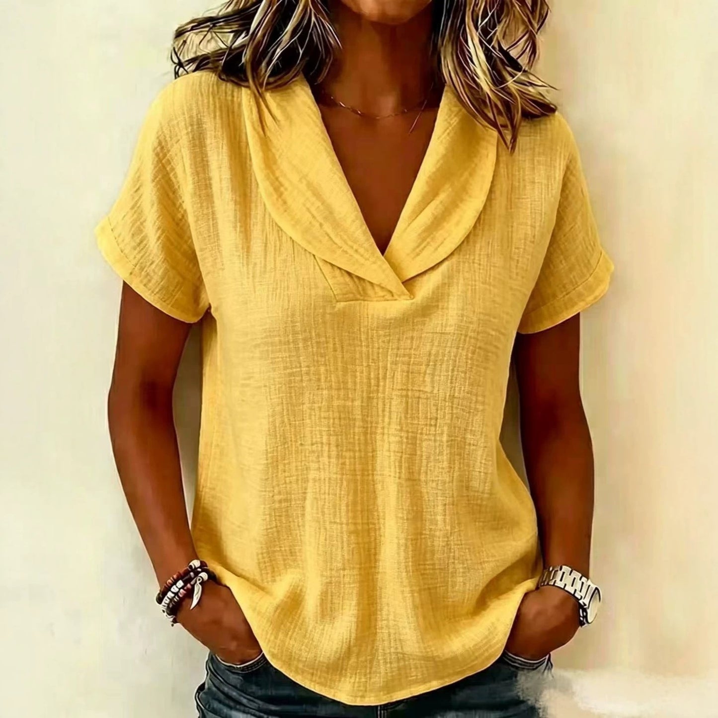 Women's Summer Woven Short-sleeved Shirt Doll Collar Clothing