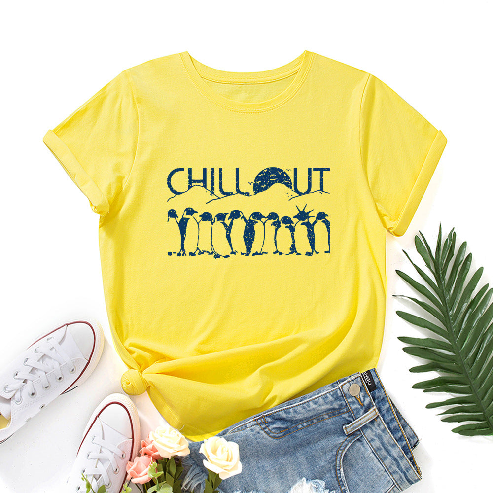 Women's Loose Round Neck Sleeve Female Creative Penguin Shorts