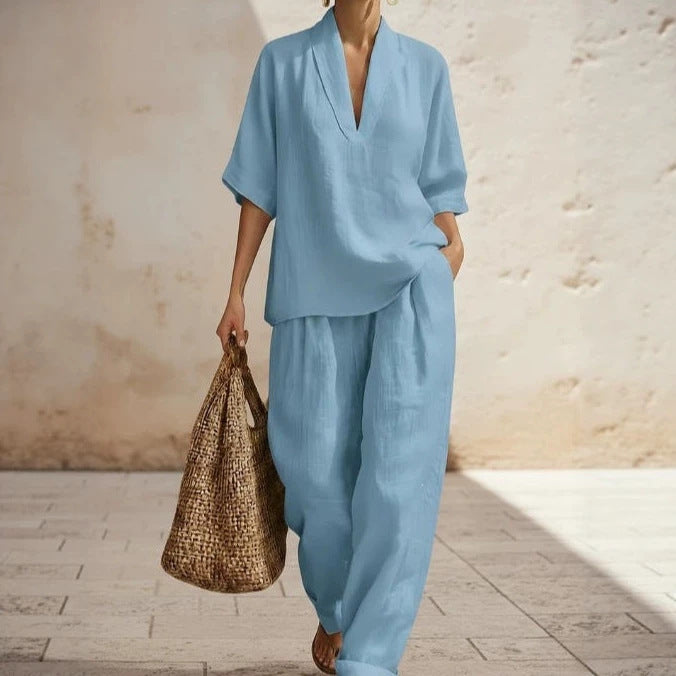 Women's Solid Color Comfortable Minimalist Linen Two-piece Fashion Casual Suit