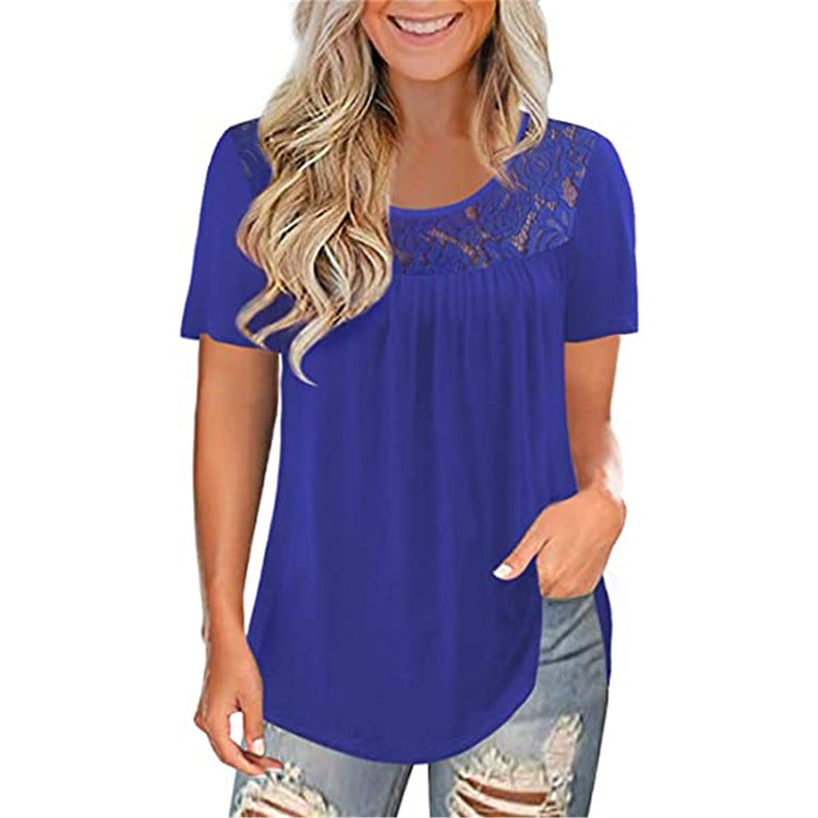 Women's Sleeve Lace Pleated Shirt Summer Waist Temperament Plus Size