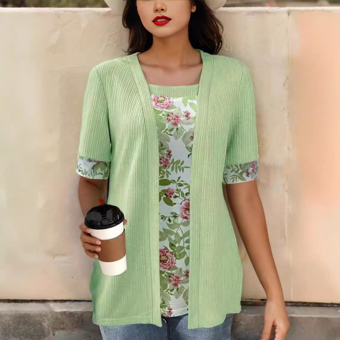 Women's Summer Fake Two Short-sleeved Printed Stitching Women's T-shirt