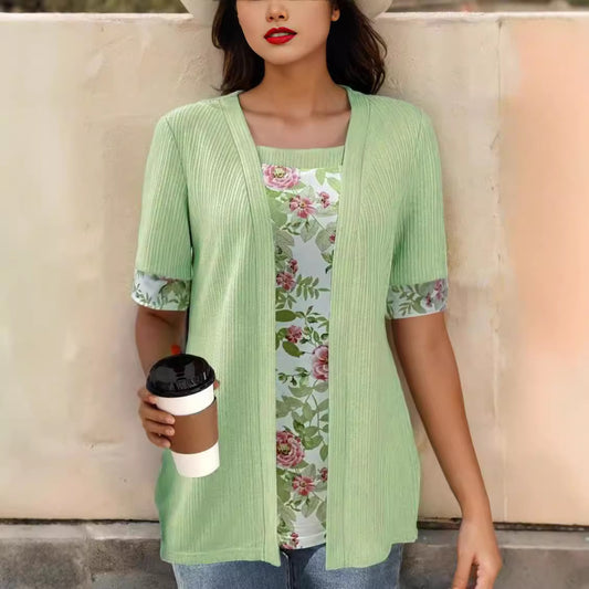 Women's Summer Fake Two Short-sleeved Printed Stitching Women's T-shirt