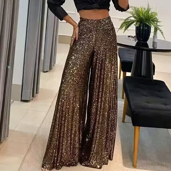Elegant Commuter Everyday Style Solid Color Shiner Wide Leg Casual Pants