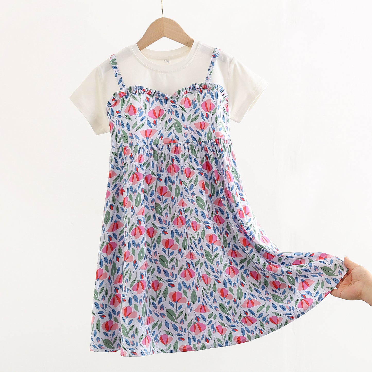 Children's Large Cotton Silk Short Sleeve Fake Two Pieces Artificial Summer Children's Dress