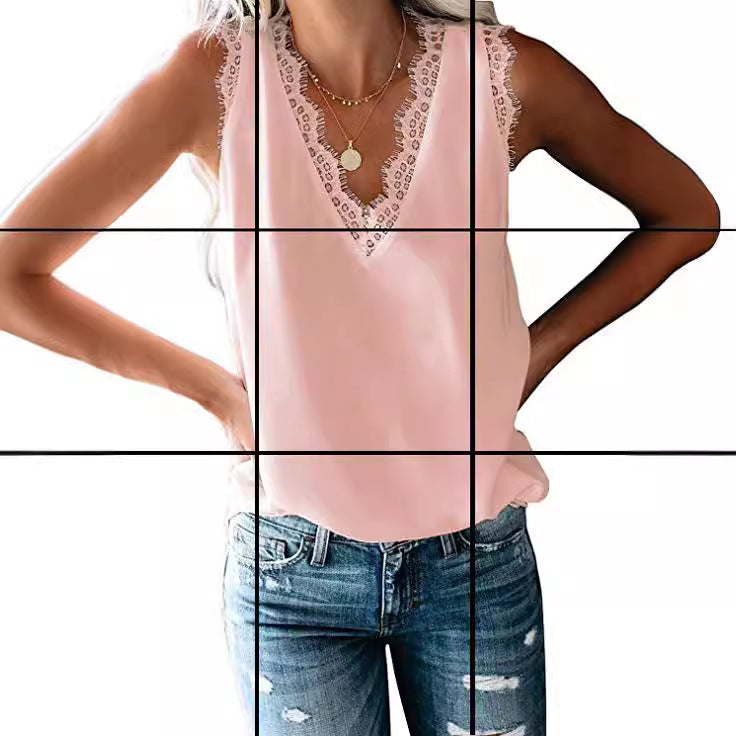 Beautiful Women's Summer Solid Color Sleeveless Lace Shirt, Chiffon Shirt