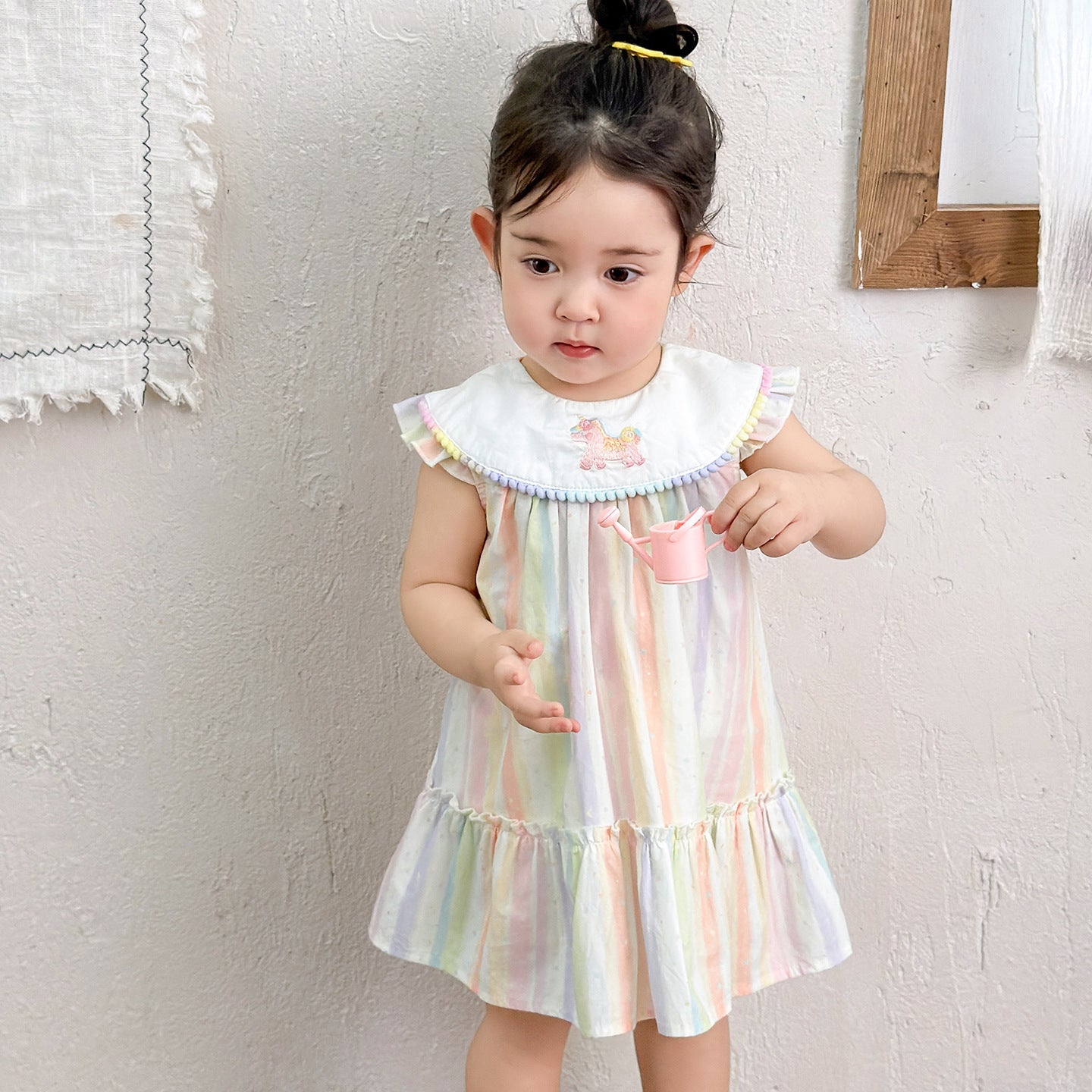Skirt Play Clothes Super Cute Unicorn Rainbow Striped Flying Sleeve Jumpsuit, Climbing Suit