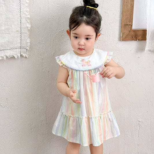 Skirt Play Clothes Super Cute Unicorn Rainbow Striped Flying Sleeve Jumpsuit, Climbing Suit
