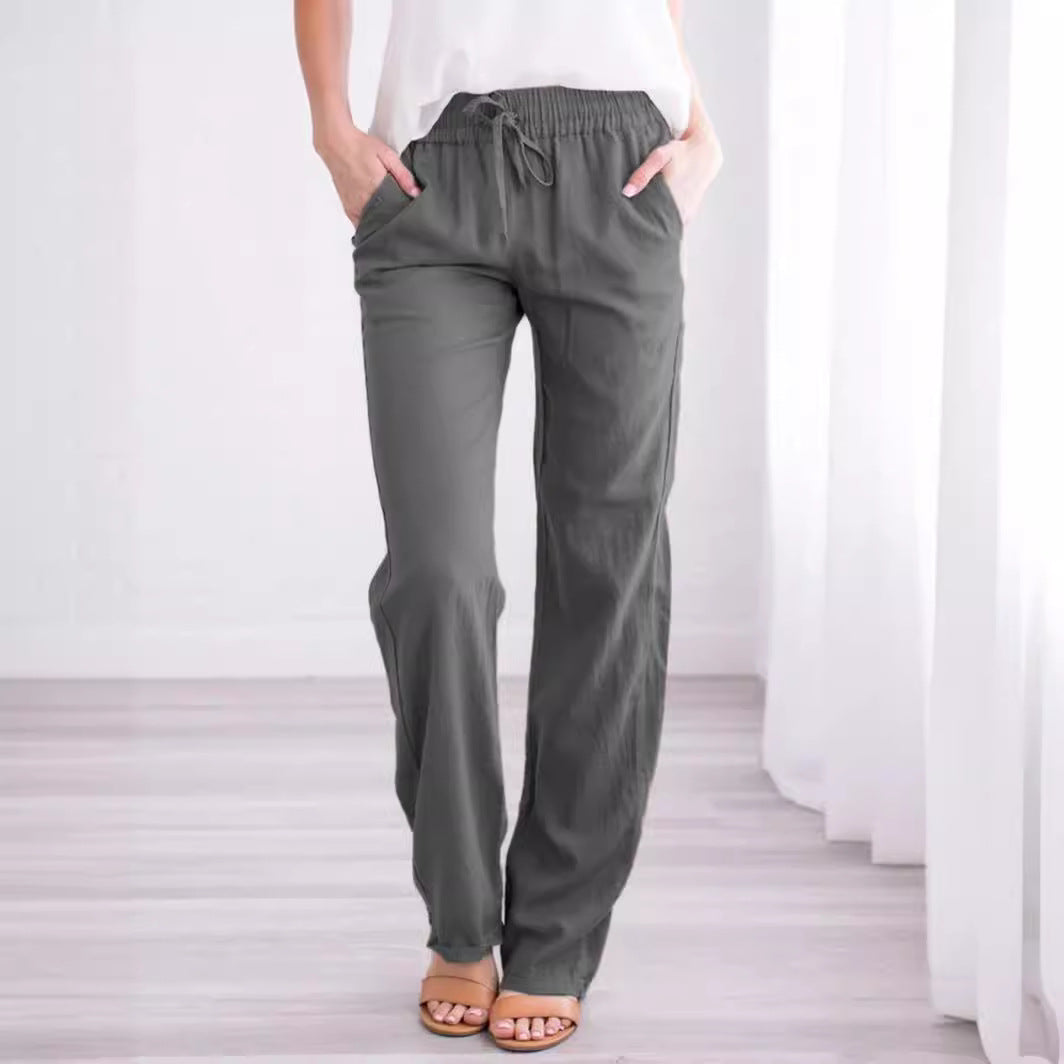 Women's Solid Color Cotton Linen Drawstring Loose Casual Pants