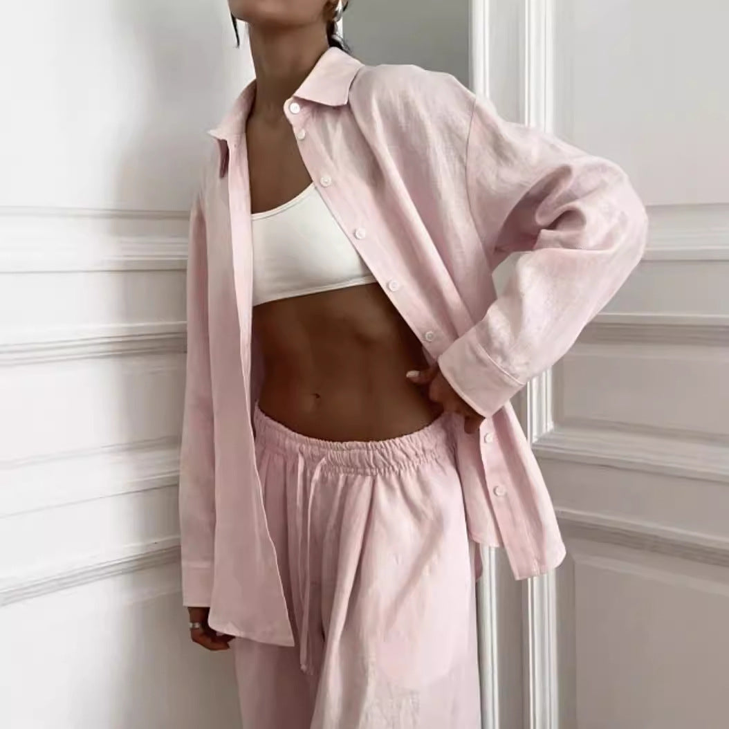Lazy French Loose Pink Cotton Shirt Long Fashion Casual Suit