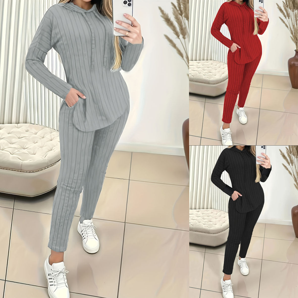 Women's Wear Long Sleeve Comfortable Sunken Stripe Hooded Fashion Casual Suit