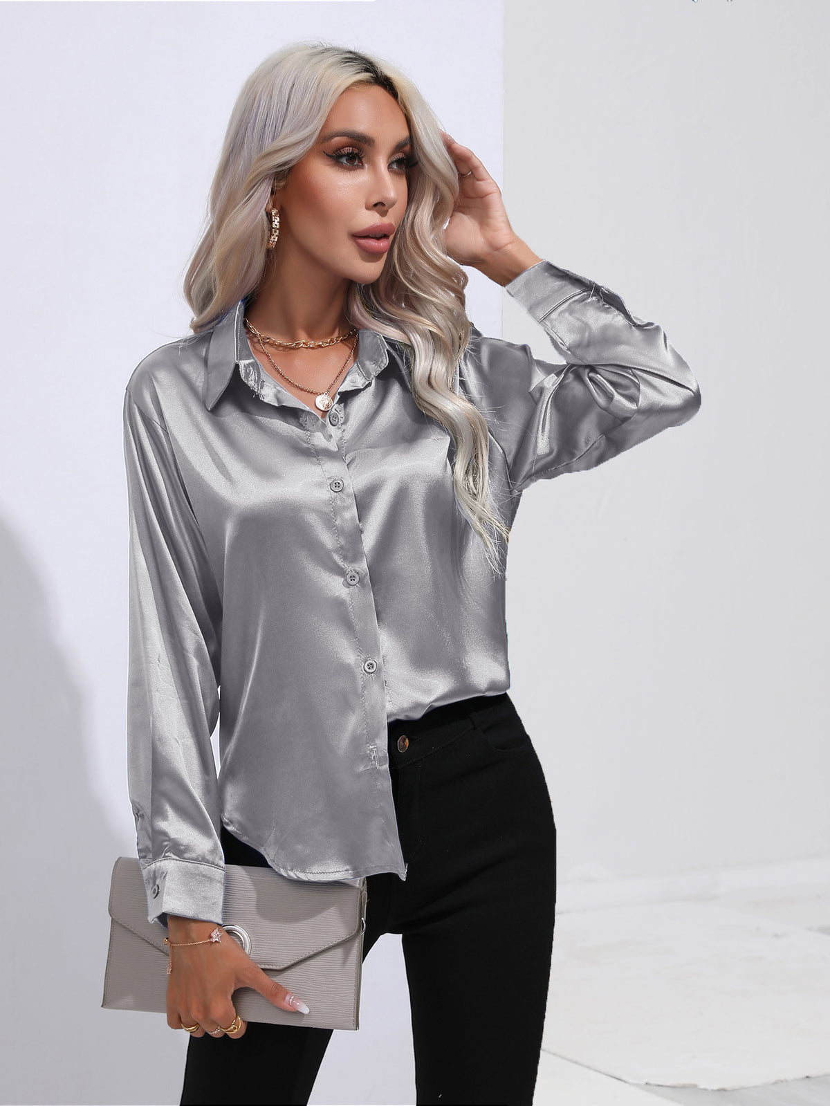 Glamorous Unique Women's Satin Shirt Long-sleeved Blouse